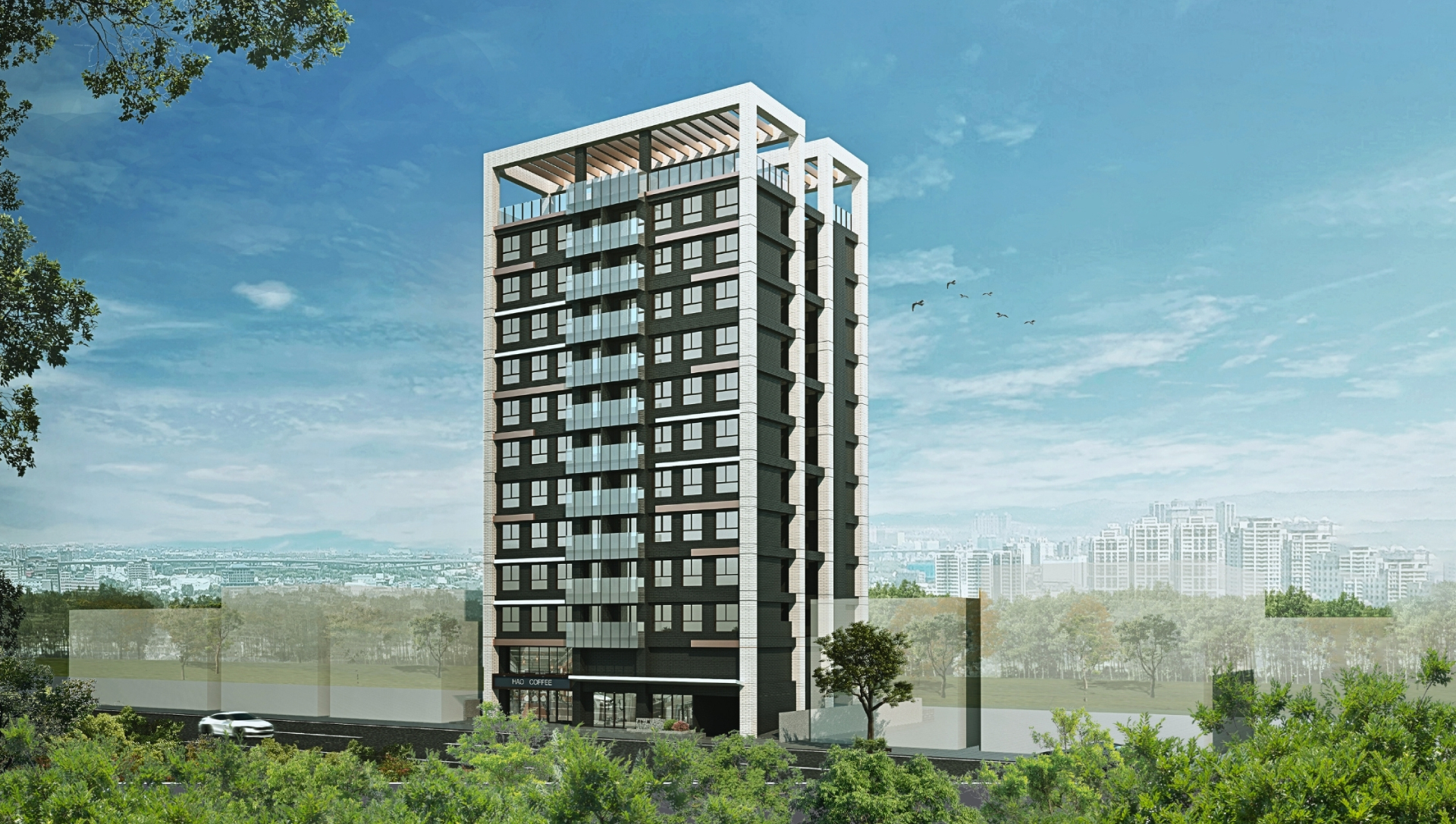 建物外觀3D示意圖,實以竣工現況及核備圖說為主。